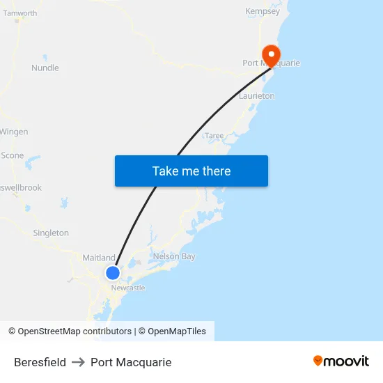 Beresfield to Port Macquarie map