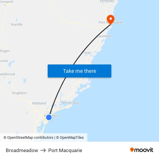 Broadmeadow to Port Macquarie map