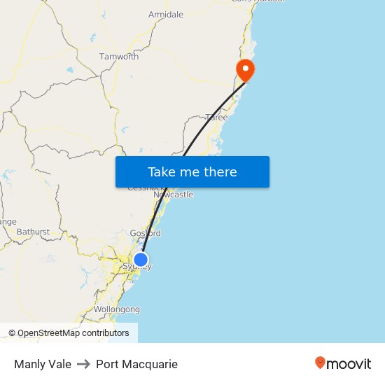 Manly Vale to Port Macquarie map