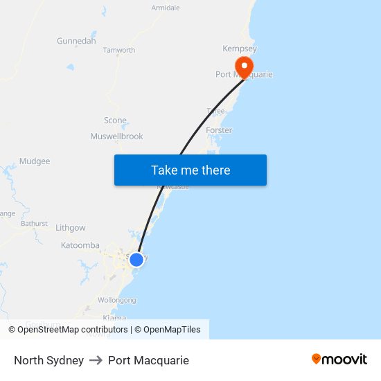 North Sydney to Port Macquarie map