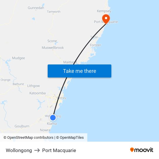 Wollongong to Port Macquarie map