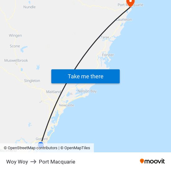 Woy Woy to Port Macquarie map
