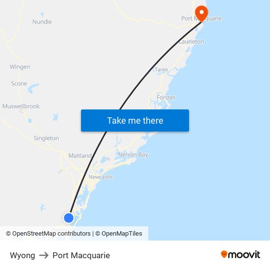 Wyong to Port Macquarie map