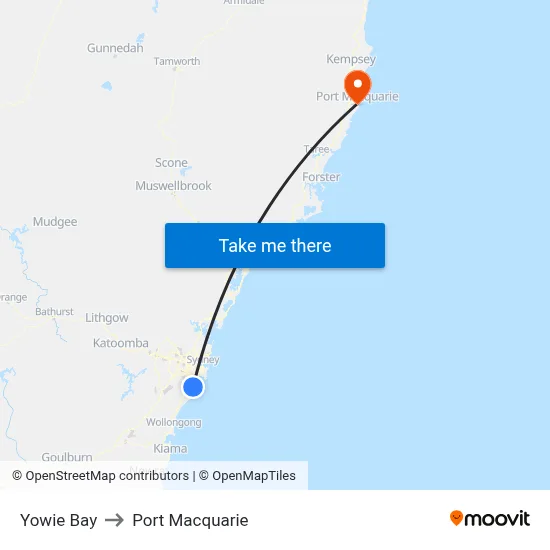 Yowie Bay to Port Macquarie map