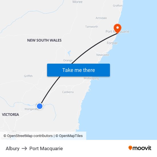 Albury to Port Macquarie map