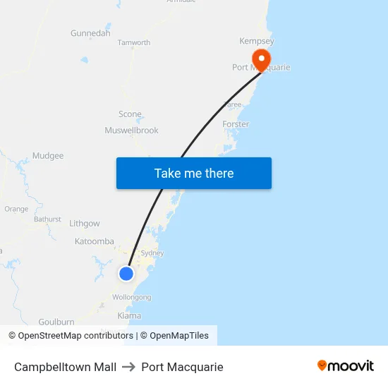 Campbelltown Mall to Port Macquarie map