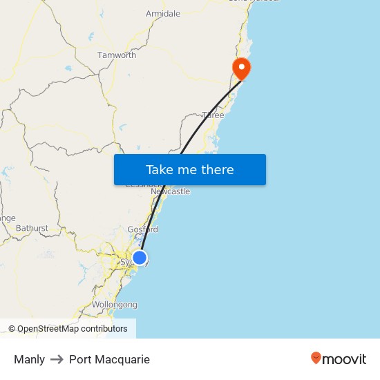 Manly to Port Macquarie map