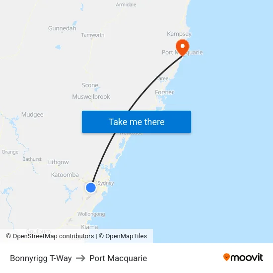 Bonnyrigg T-Way to Port Macquarie map