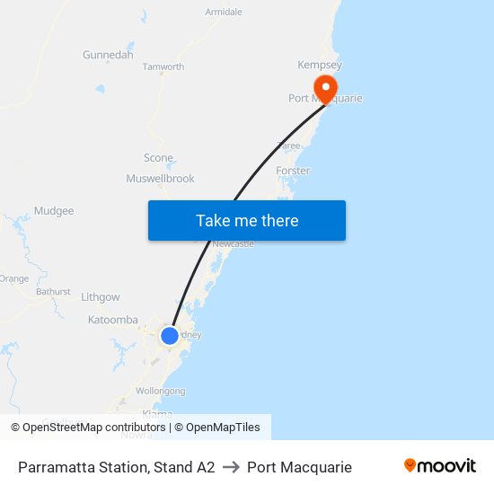 Parramatta Station, Stand A2 to Port Macquarie map