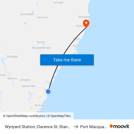 Wynyard Station, Clarence St, Stand Q to Port Macquarie map