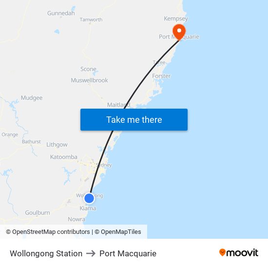 Wollongong Station to Port Macquarie map