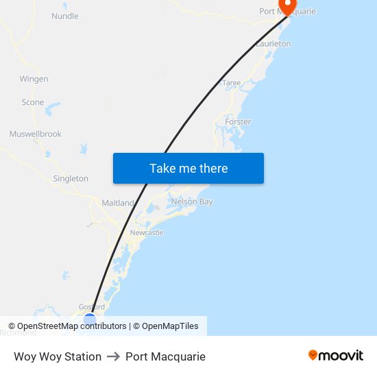 Woy Woy Station to Port Macquarie map