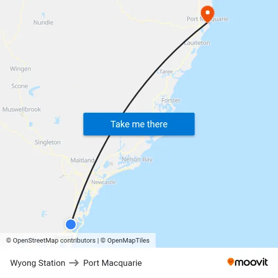 Wyong Station to Port Macquarie map