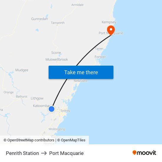 Penrith Station to Port Macquarie map