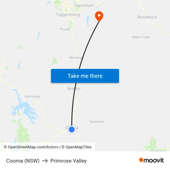 Cooma (NSW) to Primrose Valley map