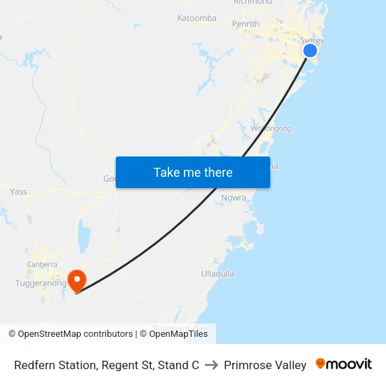 Redfern Station, Regent St, Stand C to Primrose Valley map