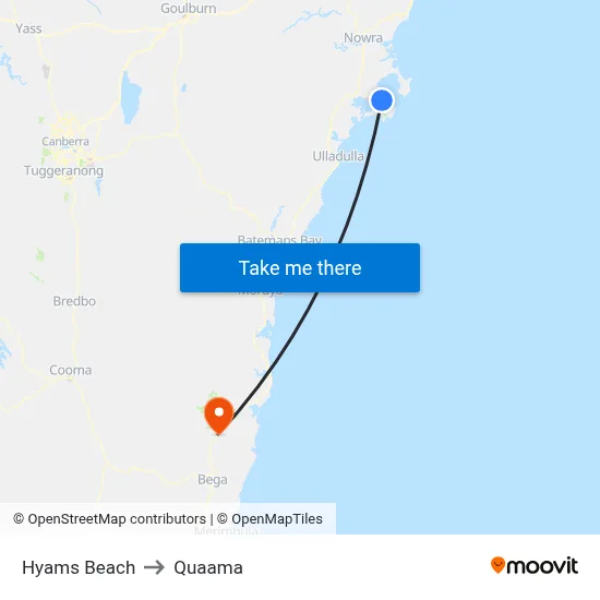 Hyams Beach to Quaama map