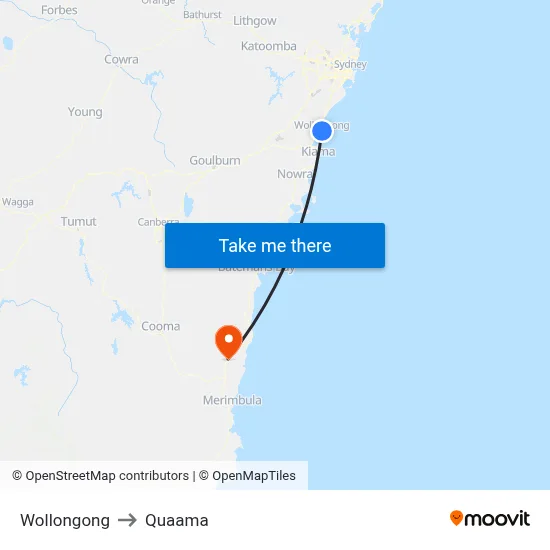 Wollongong to Quaama map