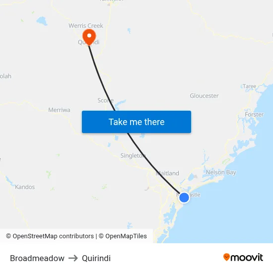 Broadmeadow to Quirindi map