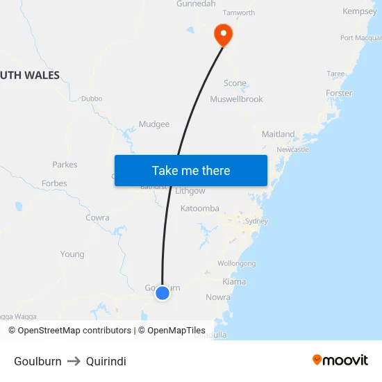 Goulburn to Quirindi map