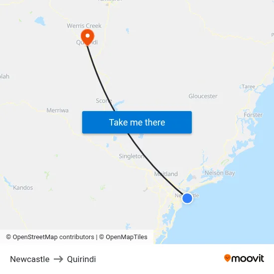 Newcastle to Quirindi map