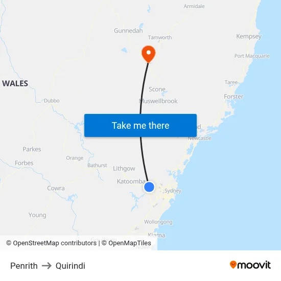 Penrith to Quirindi map
