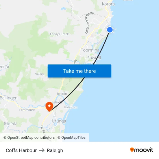 Coffs Harbour to Raleigh map