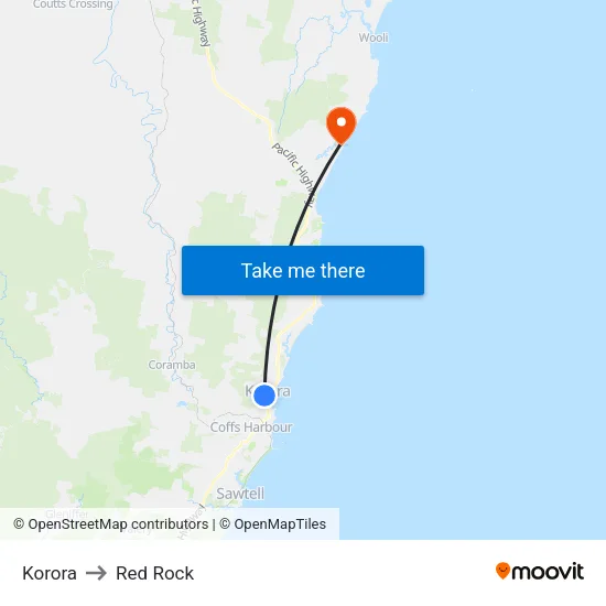 Korora to Red Rock map