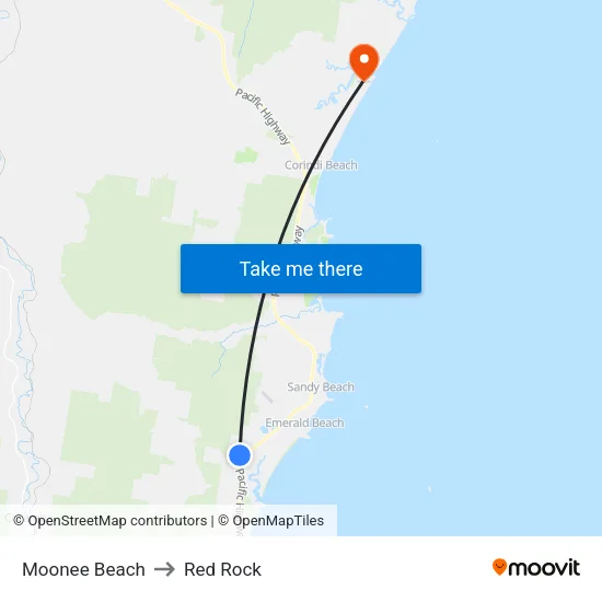 Moonee Beach to Red Rock map