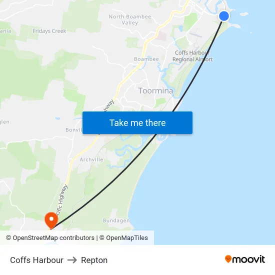 Coffs Harbour to Repton map