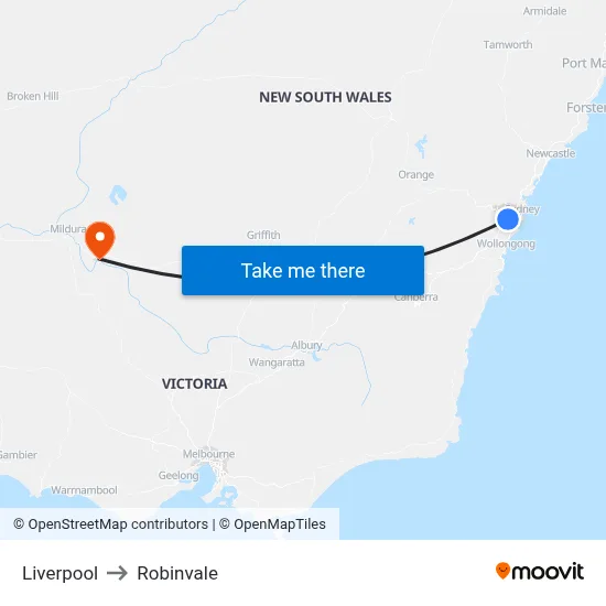 Liverpool to Robinvale map