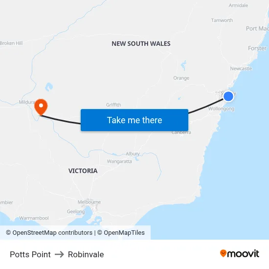 Potts Point to Robinvale map