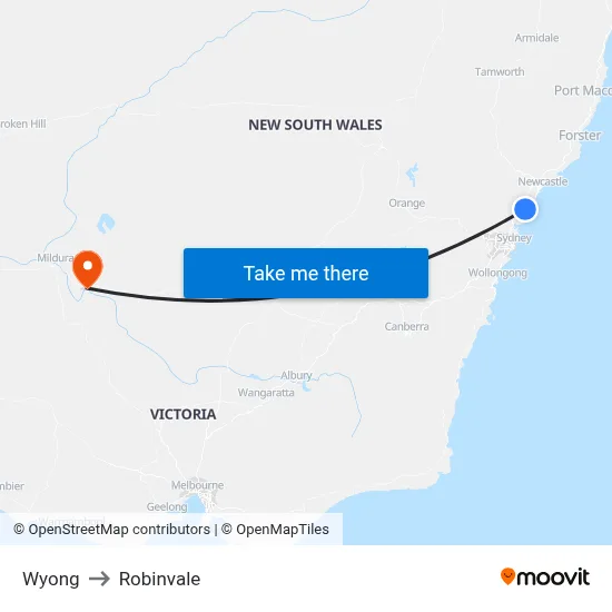 Wyong to Robinvale map