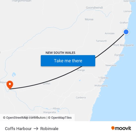 Coffs Harbour to Robinvale map