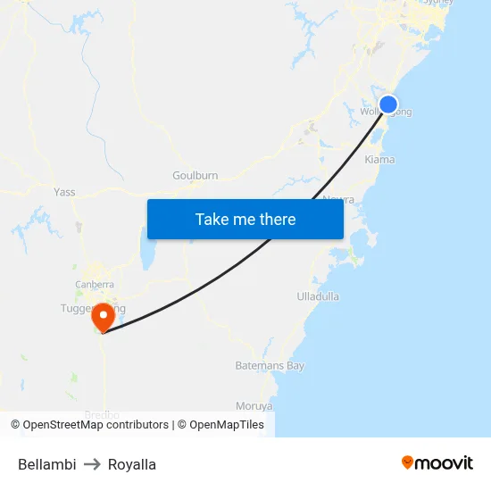 Bellambi to Royalla map