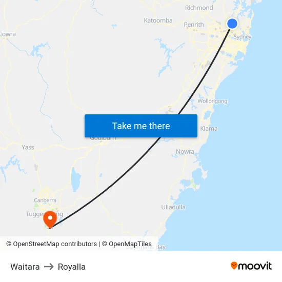 Waitara to Royalla map