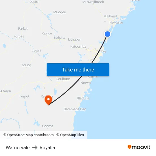 Warnervale to Royalla map
