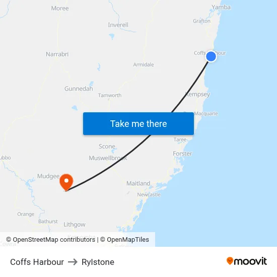 Coffs Harbour to Rylstone map