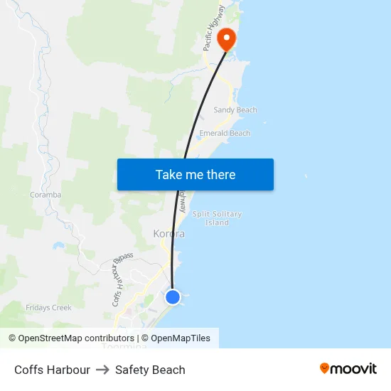 Coffs Harbour to Safety Beach map