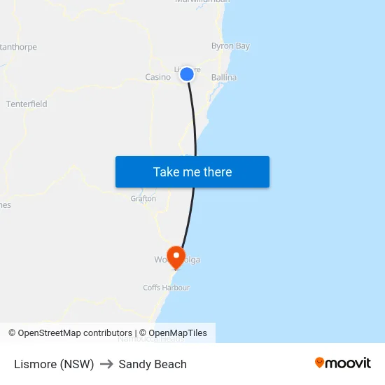 Lismore (NSW) to Sandy Beach map