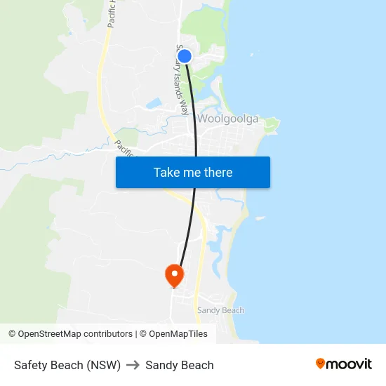 Safety Beach (NSW) to Sandy Beach map
