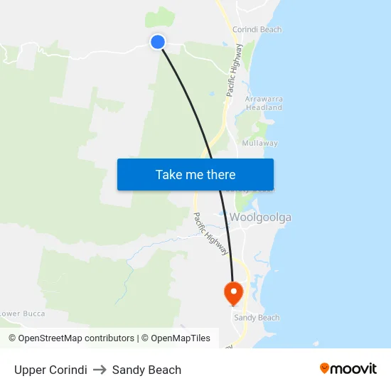 Upper Corindi to Sandy Beach map