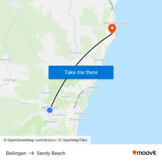 Bellingen to Sandy Beach map
