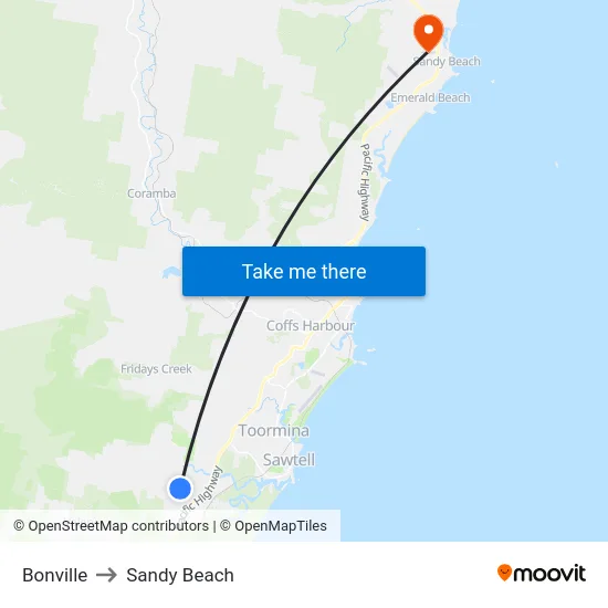 Bonville to Sandy Beach map