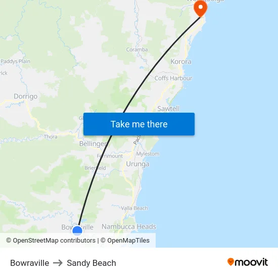 Bowraville to Sandy Beach map
