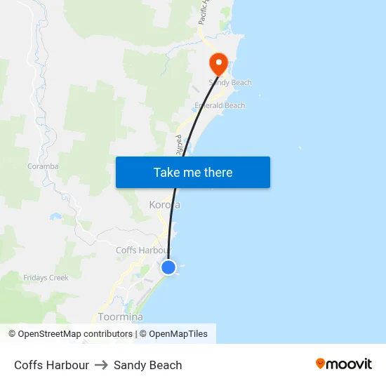 Coffs Harbour to Sandy Beach map