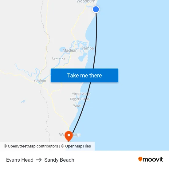 Evans Head to Sandy Beach map