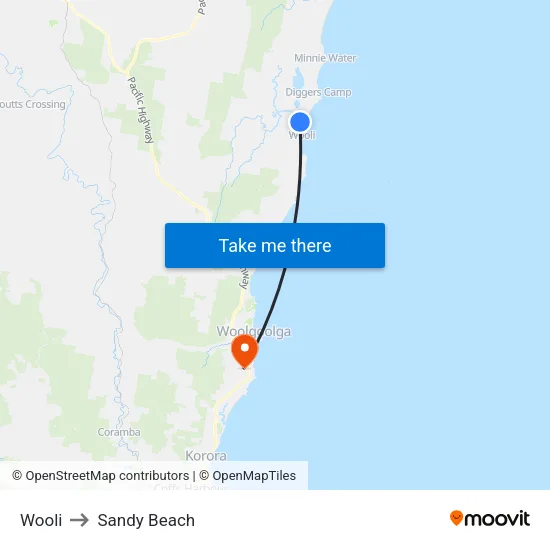 Wooli to Sandy Beach map