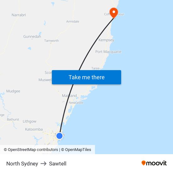 North Sydney to Sawtell map