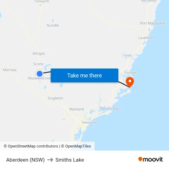 Aberdeen (NSW) to Smiths Lake map